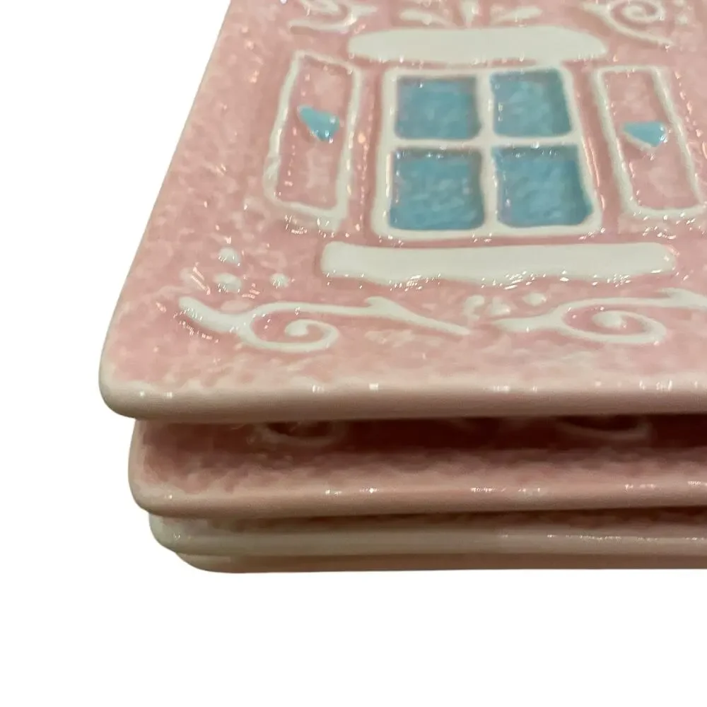Godinger Pastel Pink Gingerbread House 6in Ceramic Appetizer Plates New